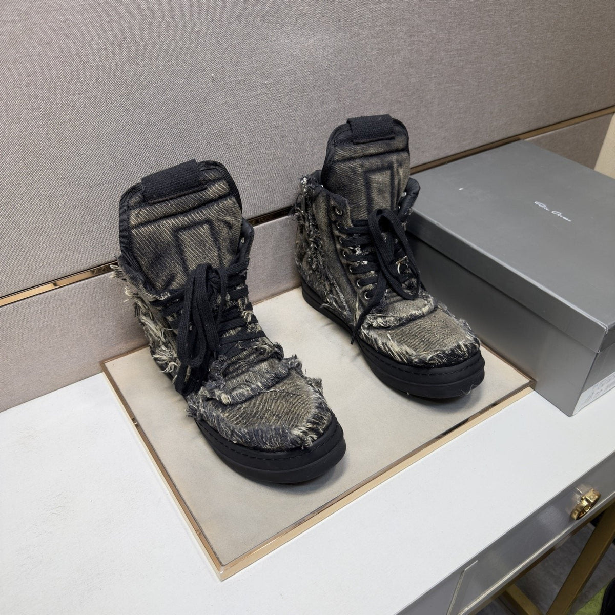 Gray and Black Distressed High-Top Sneakers
